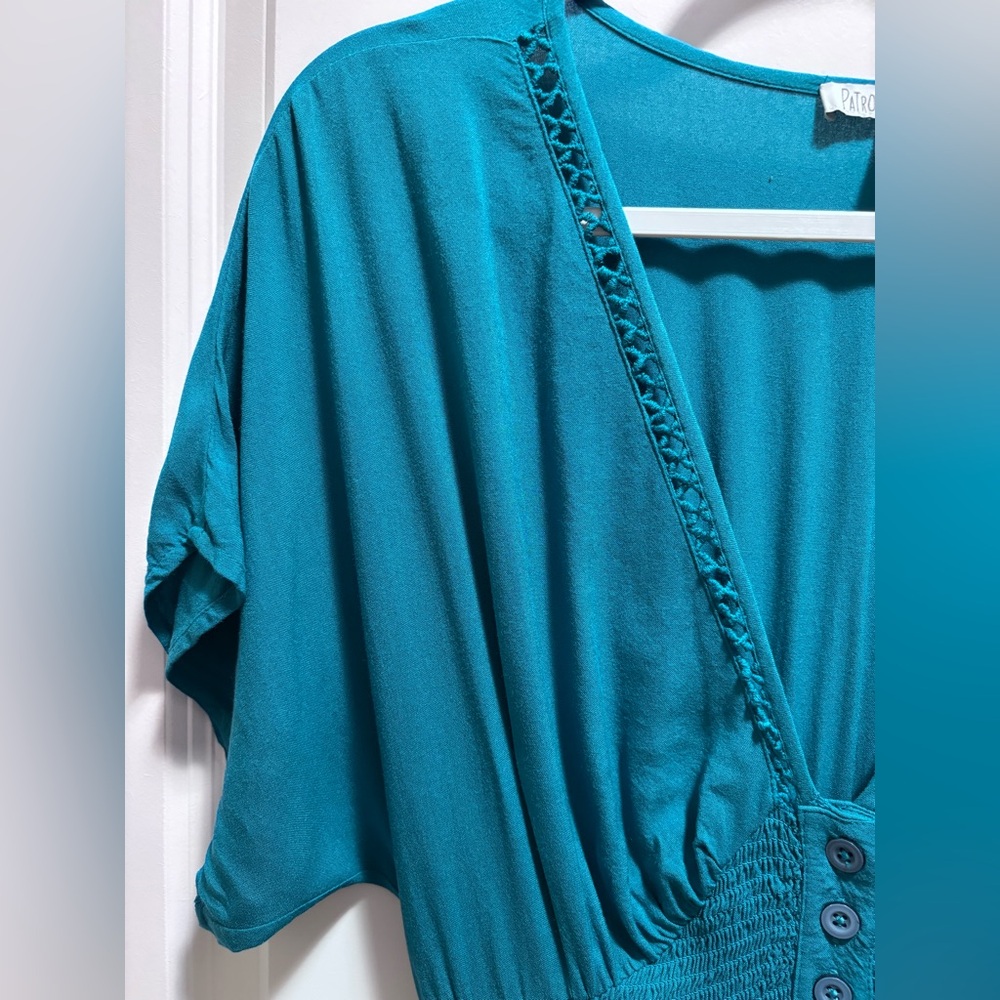Patrons of Peace Wide Leg Jumpsuit deep V Neck Smocked Pockets Teal Green - Picture 11 of 14